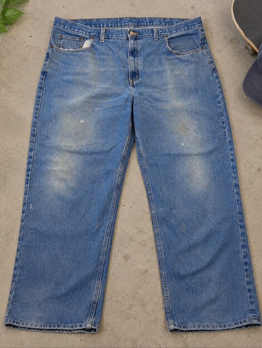 Vintage Faded Glory 44x30 men's jeans with a heavily worn, faded and thrashed lo